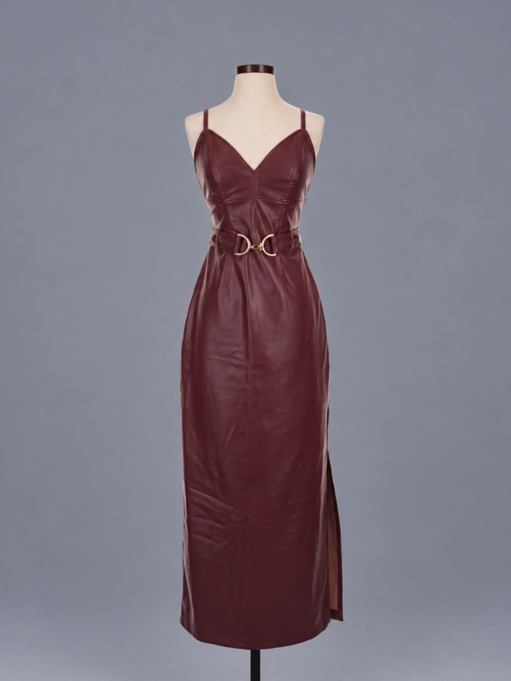 Steve Madden Burgundy Faux Leather Belted Maxi Dress – Size 2